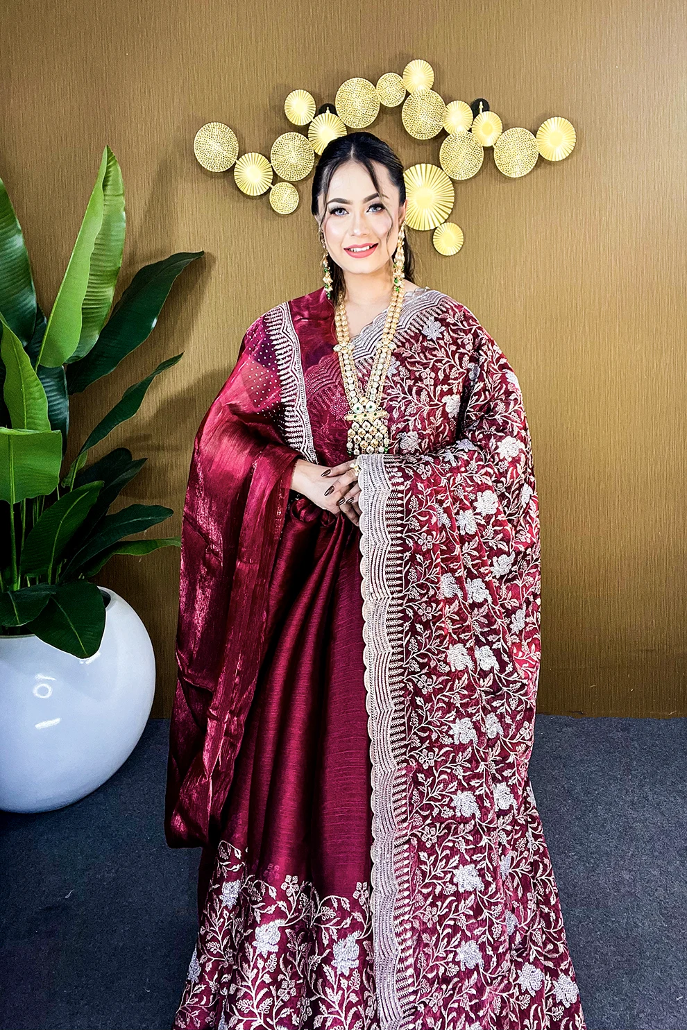 Maroon Silver Grace – Premium High Grade Stone Saree ✨